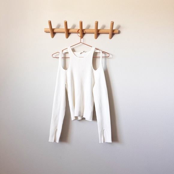 Jonathan Simkhai NWT Mandy Cut Out Cold Shoulder Ribbed Sweater Top White Size L - Picture 2 of 12